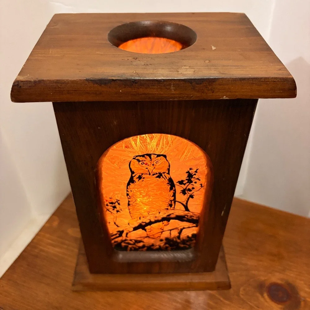 Vintage Rustic Wood Owl Lantern Candle Holder Box Mirror Interior Amber Glow